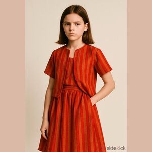 Handmade Tweed Wool Knit Orange Cardigan Midi Skirt Set